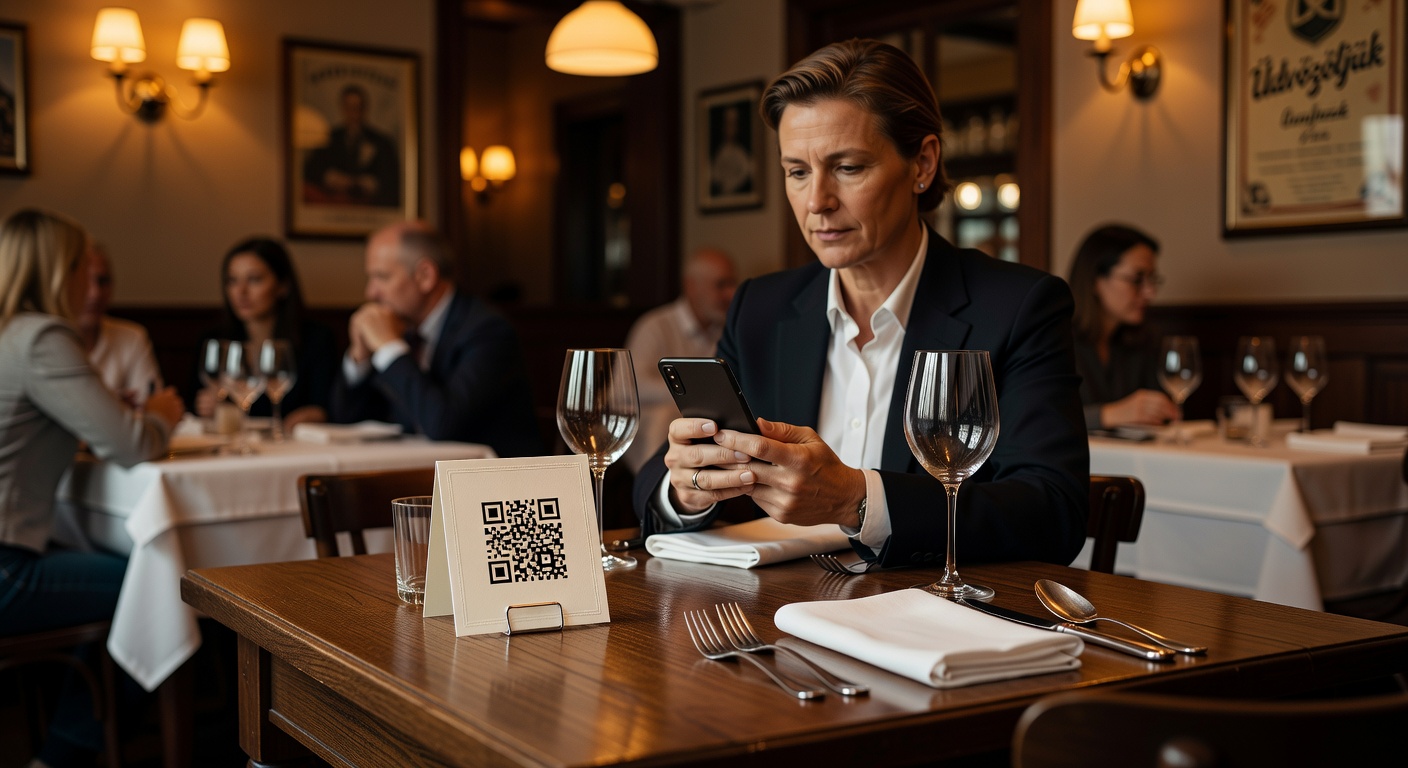 Vendég QR kódot olvas be az asztalnál